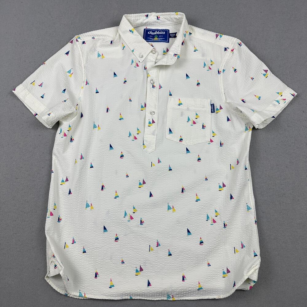 Chubbies Shirt Men Medium White Nautical Sailboat Print Short Sleeve Button Up M